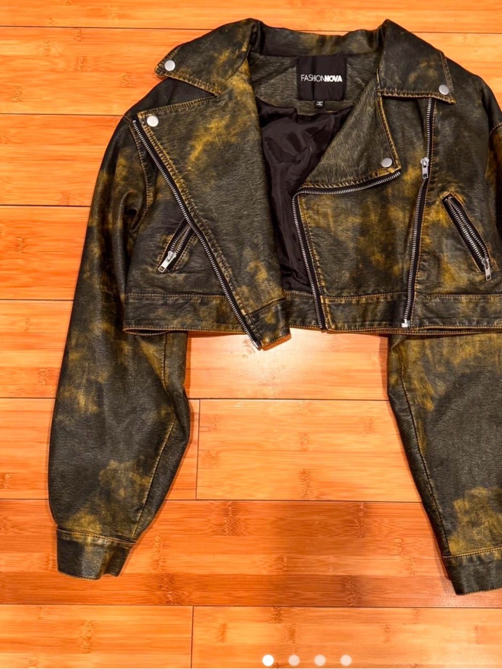 Fashion Nova Cropped Distressed Moto Jacket in Black and Gold Wash - Picture 1 of 2